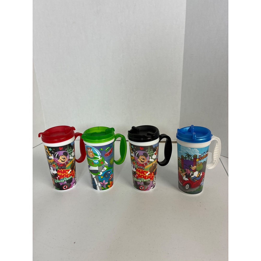 Disney Parks Refillable Travel Mugs Set of 4 Mickey Mouse Buzz Lightyear Cars